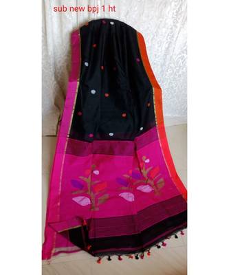 Magenta and Black Pallu Jamdani Work Handloom Saree With Blouse 1