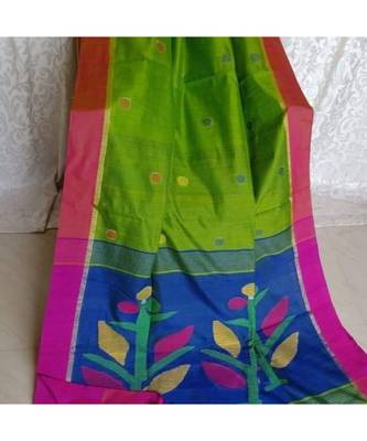 Blue and Green Black Pallu Jamdani Work Handloom Saree With Blouse 1