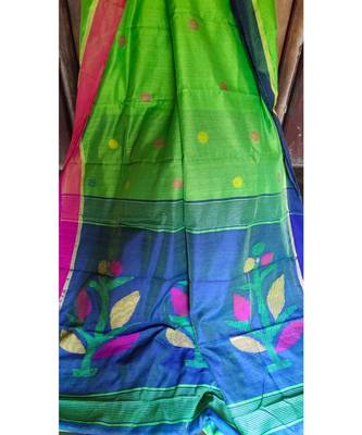 See Blue and Green Black Pallu Jamdani Work Handloom Saree With Blouse 1