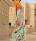 Blue printed faux linen saree with blouse