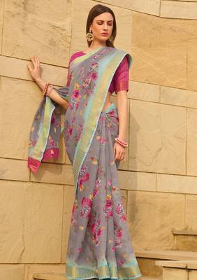 Grey printed faux linen saree with blouse 1