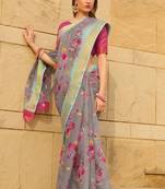 Grey printed faux linen saree with blouse