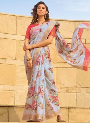 Grey printed faux linen saree with blouse 1