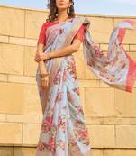 Grey printed faux linen saree with blouse