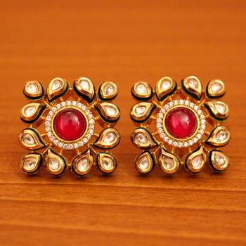 Red Brass Yellow Gold Plated Kundan Stud Earrings 1