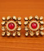 Red Brass Yellow Gold Plated Kundan Stud Earrings