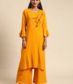 Women Mustard Solid Kurta With Plazzo With Hand Work Detailing