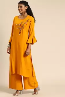 Women Mustard Solid Kurta With Plazzo With Hand Work Detailing