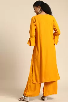 Women Mustard Solid Kurta With Plazzo With Hand Work Detailing