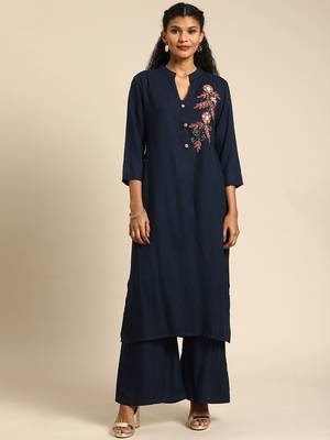 Kimisha Women Navy Solid Kurta with Plazzo With Hand-Work Detailing 1