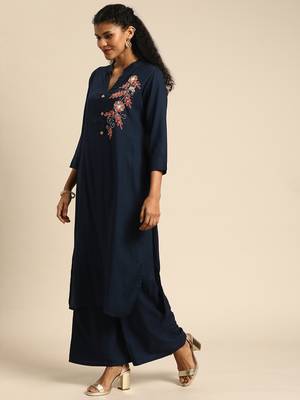 Kimisha Women Navy Solid Kurta with Plazzo With Hand-Work Detailing 4