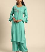 Women Turquoise Blue Solid Kurta With Plazzo With Hand Work Detailing