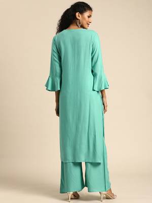 Women Turquoise Blue Solid Kurta With Plazzo With Hand Work Detailing 5