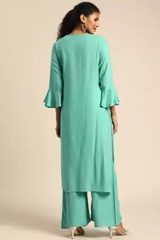 Women Turquoise Blue Solid Kurta With Plazzo With Hand Work Detailing