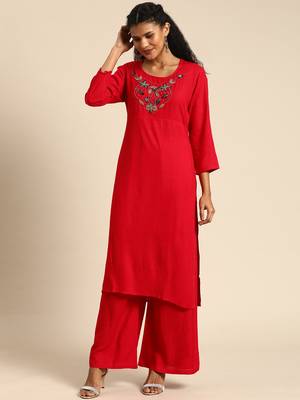 Kimisha Women Red Solid Kurta with Plazzo With Hamd Work Detailing 1