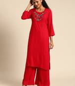 Kimisha Women Red Solid Kurta with Plazzo With Hamd Work Detailing