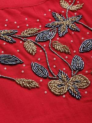 Kimisha Women Red Solid Kurta with Plazzo With Hamd Work Detailing 2