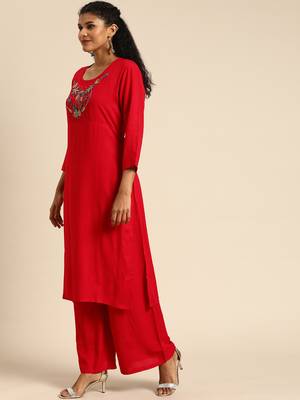 Kimisha Women Red Solid Kurta with Plazzo With Hamd Work Detailing 4