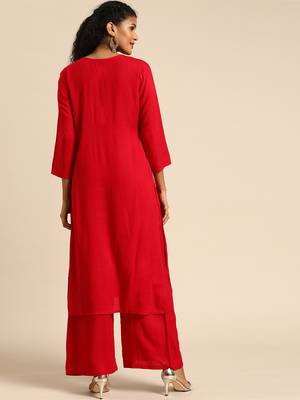 Kimisha Women Red Solid Kurta with Plazzo With Hamd Work Detailing 5