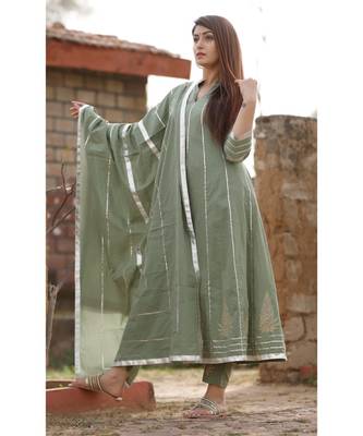 Olive Green anarkali kurta set with dupatta and delited with gota work . 1