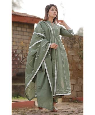 Olive Green anarkali kurta set with dupatta and delited with gota work . 2