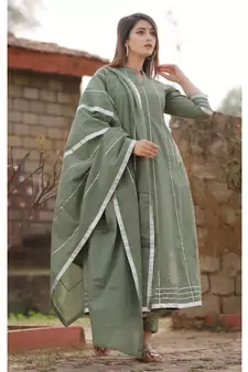 Olive Green anarkali kurta set with dupatta and delited with gota work .