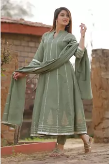 Olive Green anarkali kurta set with dupatta and delited with gota work .