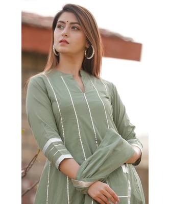 Olive Green anarkali kurta set with dupatta and delited with gota work . 4