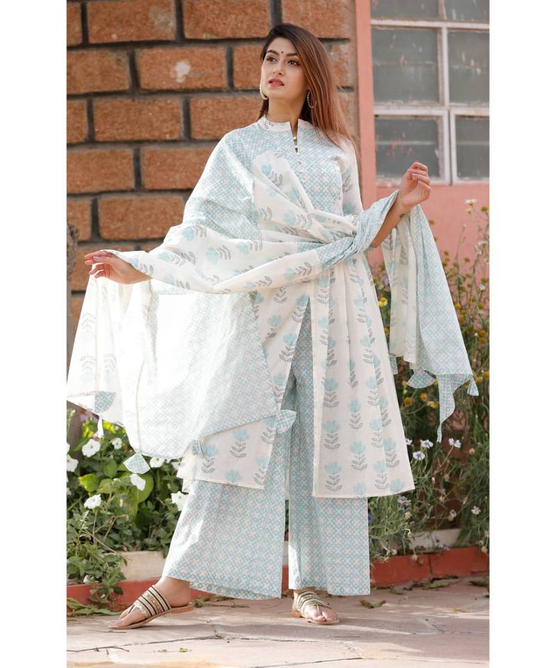 White Blue Floral Printed Palazzo Set .