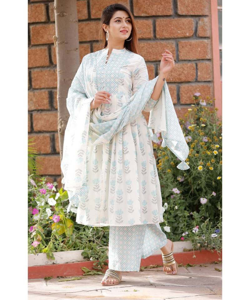 White Blue Floral Printed Palazzo Set .