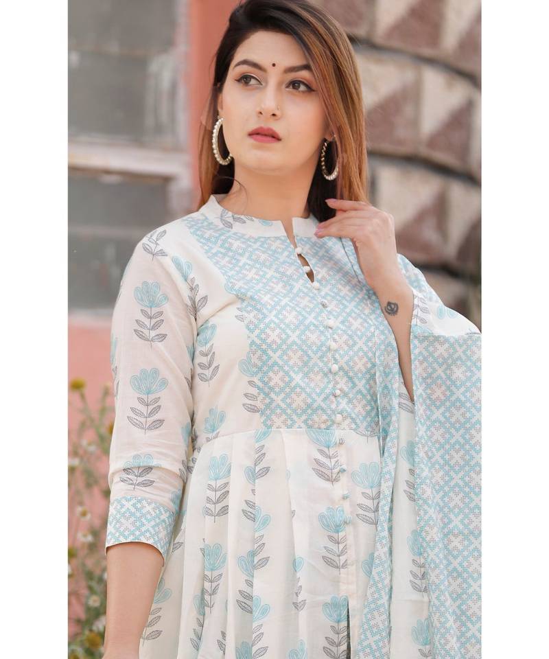 White Blue Floral Printed Palazzo Set .