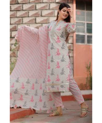 Cream Pink Floral Printed Pant Set . 2