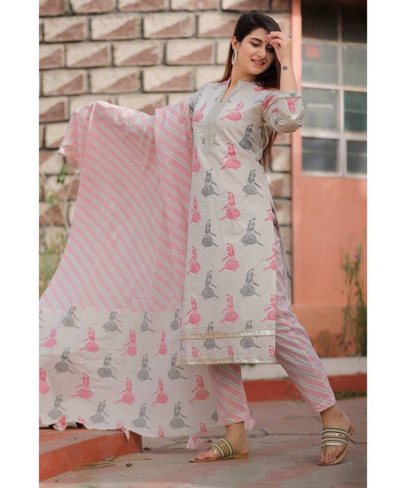 Cream Pink Floral Printed Pant Set .