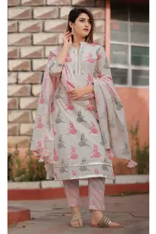 Cream Pink Floral Printed Pant Set .