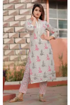 Cream Pink Floral Printed Pant Set .