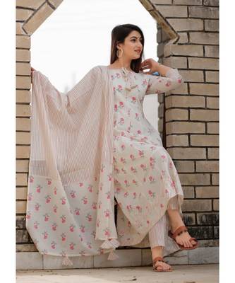 White Anarkali Floral Printed kurta Set With Dupatta . 1
