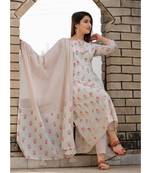 White Anarkali Floral Printed kurta Set With Dupatta .