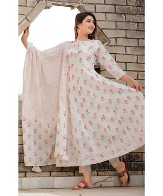 White Anarkali Floral Printed kurta Set With Dupatta . 3