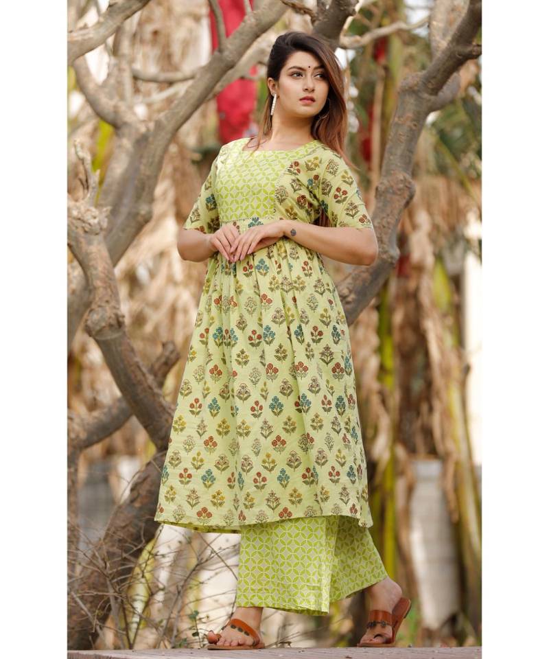 Lime Green Floral Printed With Palazzo Set