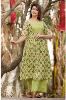 Lime Green Floral Printed With Palazzo Set