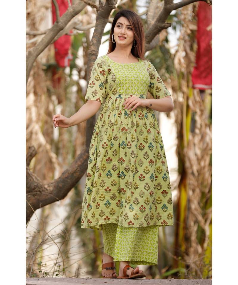 Lime Green Floral Printed With Palazzo Set