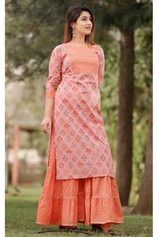 Pink Peach Floral Printed with Sharara Set and Delited With Gota Work .