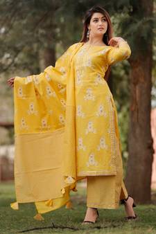Yellow Mustard Floral Printed Palazzo Set . Delited With Gota Work