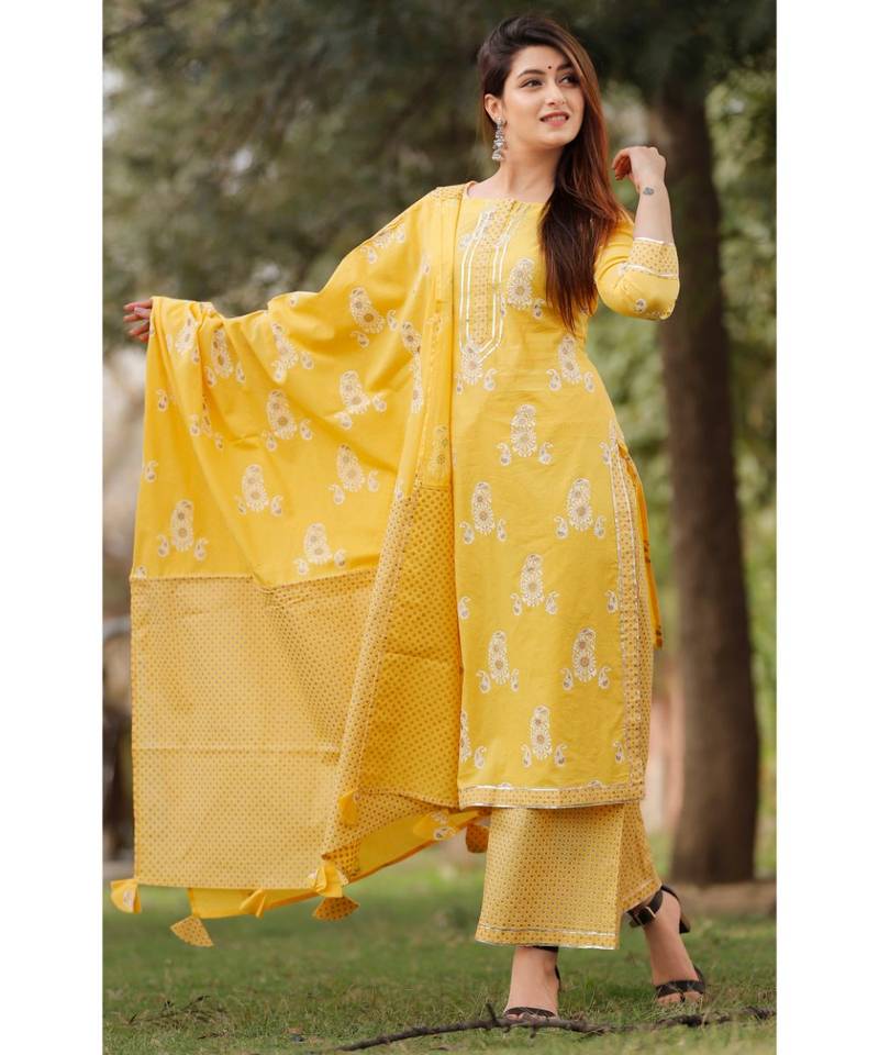 Yellow Mustard Floral Printed Palazzo Set . Delited With Gota Work
