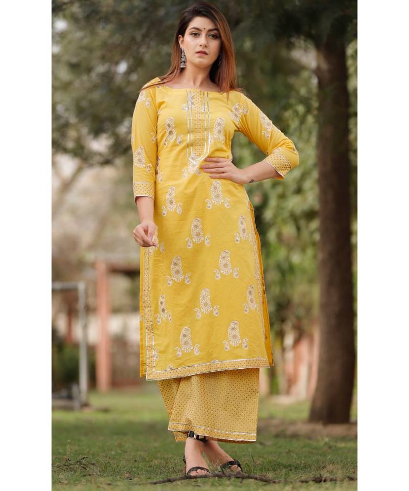 Yellow Mustard Floral Printed Palazzo Set . Delited With Gota Work
