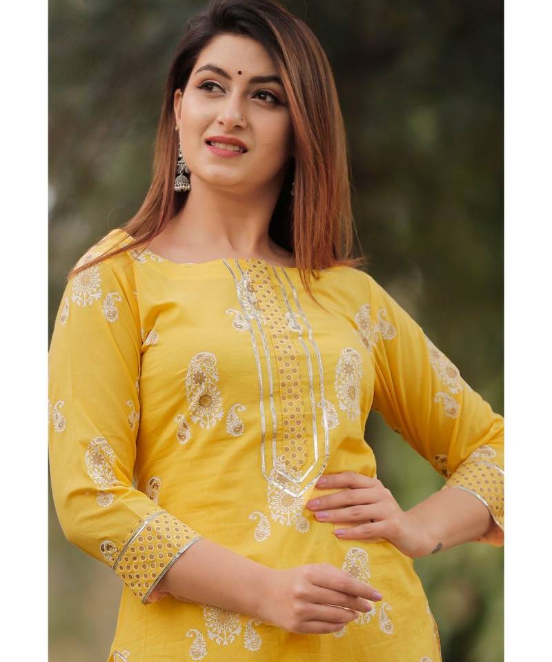 Yellow Mustard Floral Printed Palazzo Set . Delited With Gota Work