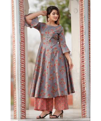 Gray Red Floral Printed Palazzo Set . 2