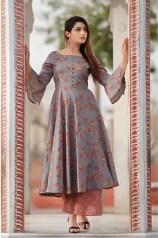 Gray Red Floral Printed Palazzo Set .