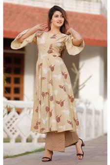 Beige Floral Printed Palazzo Set .