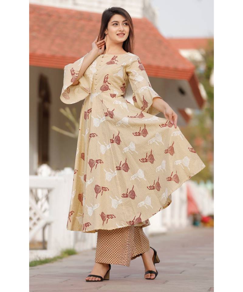 Beige Floral Printed Palazzo Set .